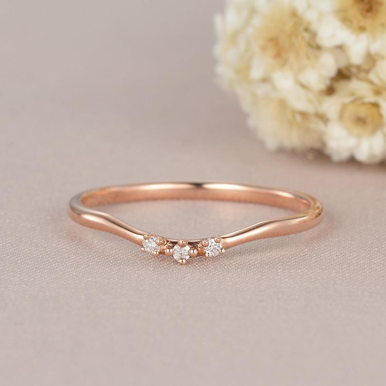 DAINTY ROSE GOLD MATCHING THREE STONE MOISSANITE WEDDING BAND GIFT FOR WOMEN