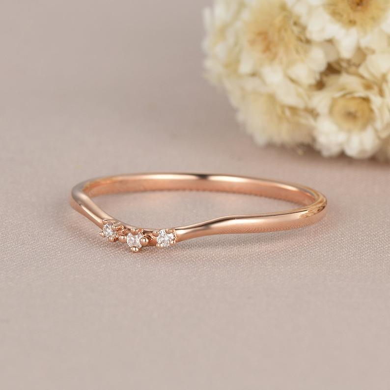 DAINTY ROSE GOLD MATCHING THREE STONE MOISSANITE WEDDING BAND GIFT FOR WOMEN