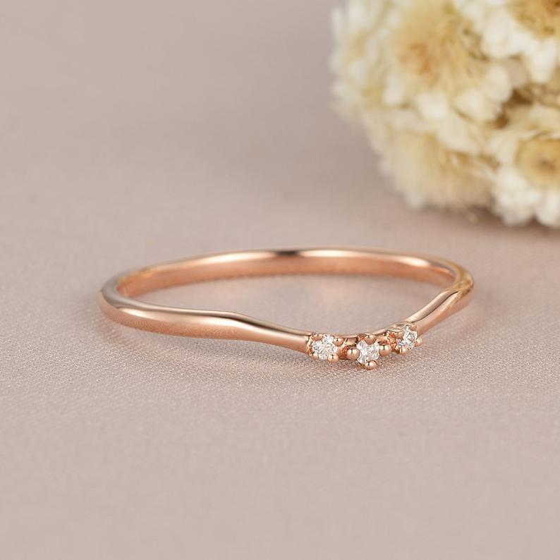 DAINTY ROSE GOLD MATCHING THREE STONE MOISSANITE WEDDING BAND GIFT FOR WOMEN