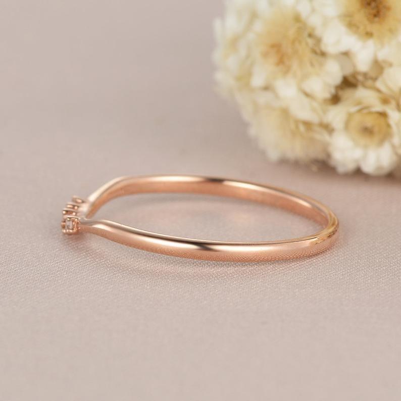 DAINTY ROSE GOLD MATCHING THREE STONE MOISSANITE WEDDING BAND GIFT FOR WOMEN