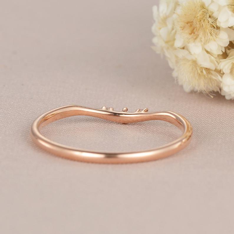 DAINTY ROSE GOLD MATCHING THREE STONE MOISSANITE WEDDING BAND GIFT FOR WOMEN