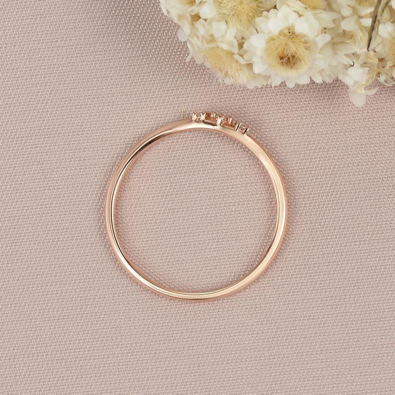 DAINTY ROSE GOLD MATCHING THREE STONE MOISSANITE WEDDING BAND GIFT FOR WOMEN