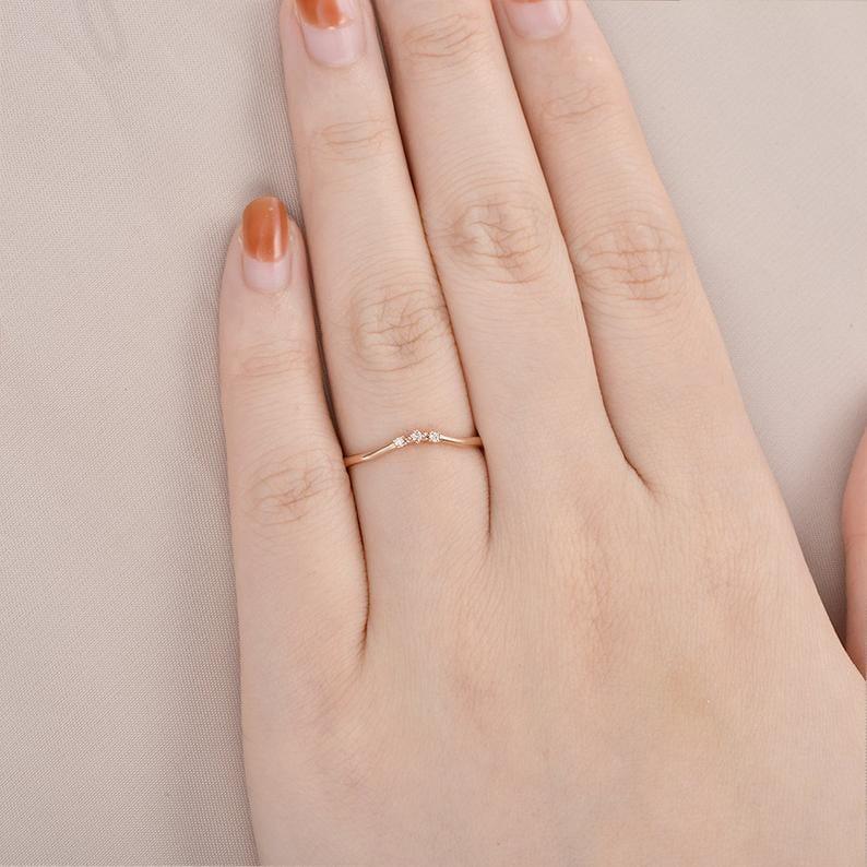 DAINTY ROSE GOLD MATCHING THREE STONE MOISSANITE WEDDING BAND GIFT FOR WOMEN