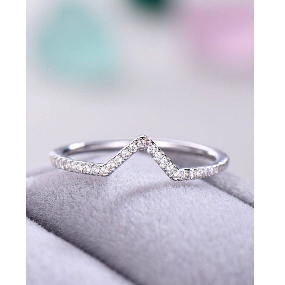 DELICATE 14K WHITE GOLD V SHAPED CHEVRON MOISSANITE WEDDING BAND FOR WOMEN