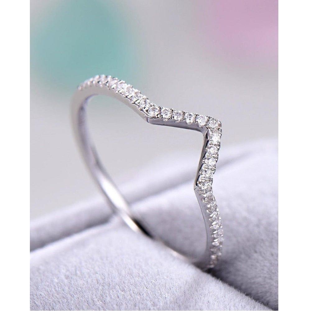 DELICATE 14K WHITE GOLD V SHAPED CHEVRON MOISSANITE WEDDING BAND FOR WOMEN