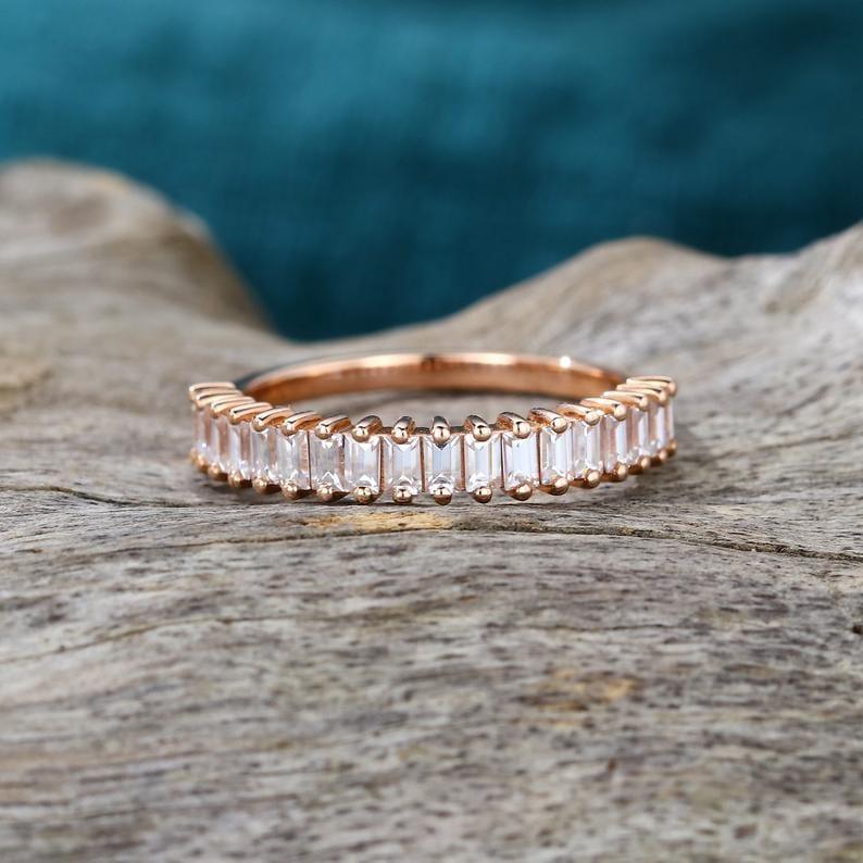 DELICATE ROSE GOLD BAGUETTE CUT MOISSANITE HALF ETERNITY WEDDING BAND RING