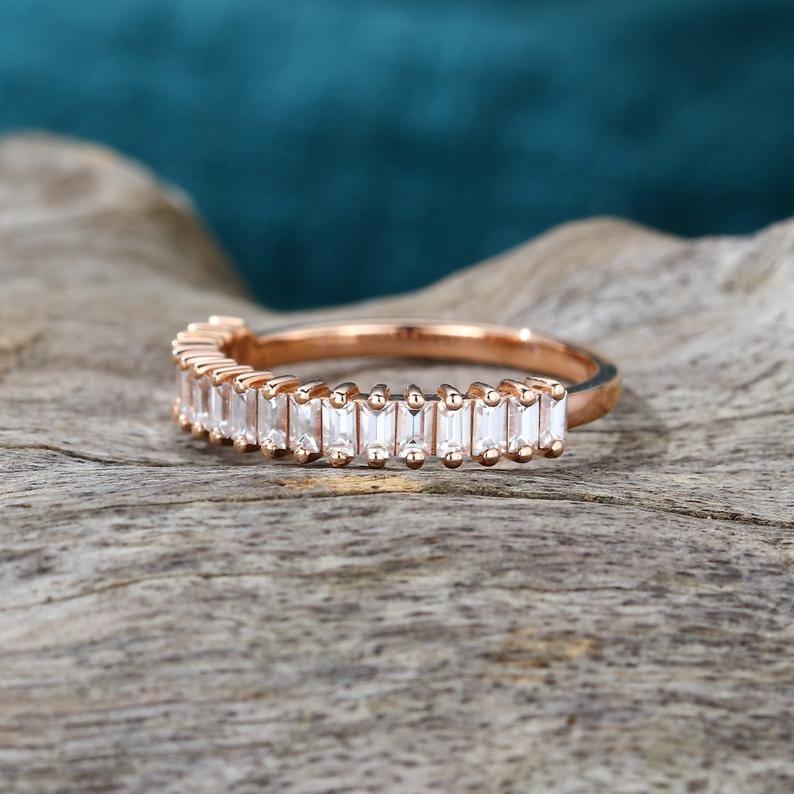 DELICATE ROSE GOLD BAGUETTE CUT MOISSANITE HALF ETERNITY WEDDING BAND RING