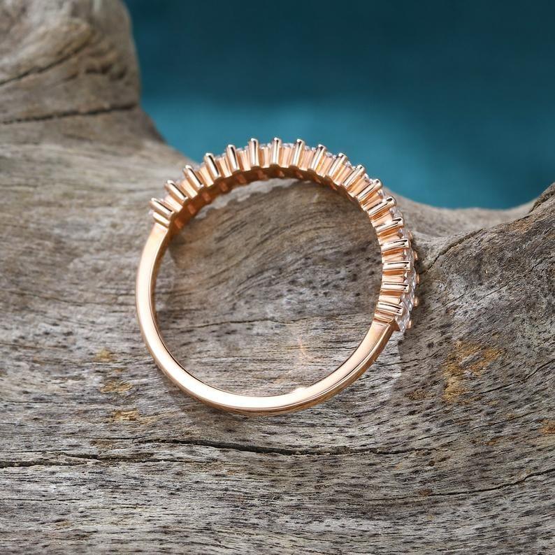 DELICATE ROSE GOLD BAGUETTE CUT MOISSANITE HALF ETERNITY WEDDING BAND RING