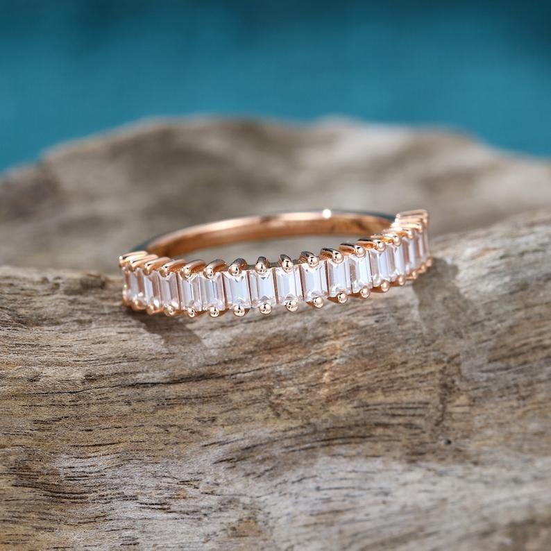 DELICATE ROSE GOLD BAGUETTE CUT MOISSANITE HALF ETERNITY WEDDING BAND RING