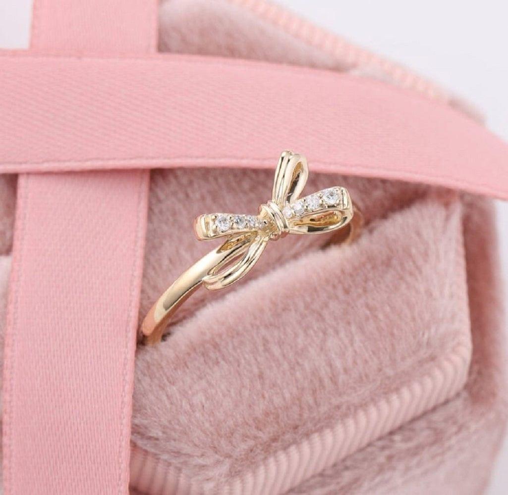 DELICATE SPARKLING BOW DAINTY RIBBON TIE FRIENDSHIP DIAMOND MOISSANITE PROMISE RING