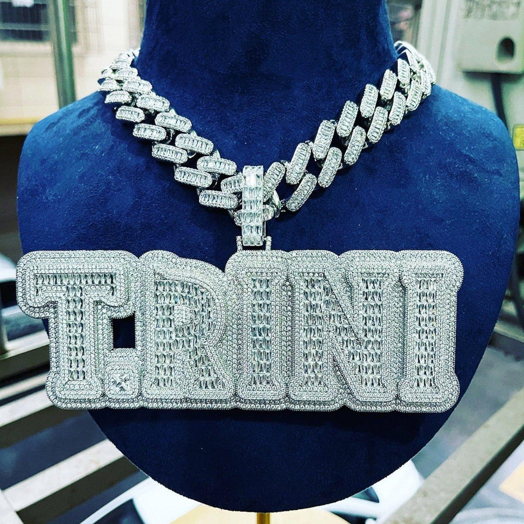 ICED OUT PERSONALIZED CUSTOM NAME BAGUETTE MOISSANITE HIP HOP PENDANT