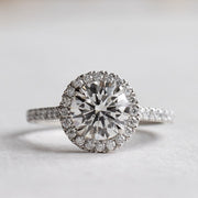 platinum 1.5 carat round lab grown diamond engagement ring, halo engagement ring, half eternity diamond accent stones