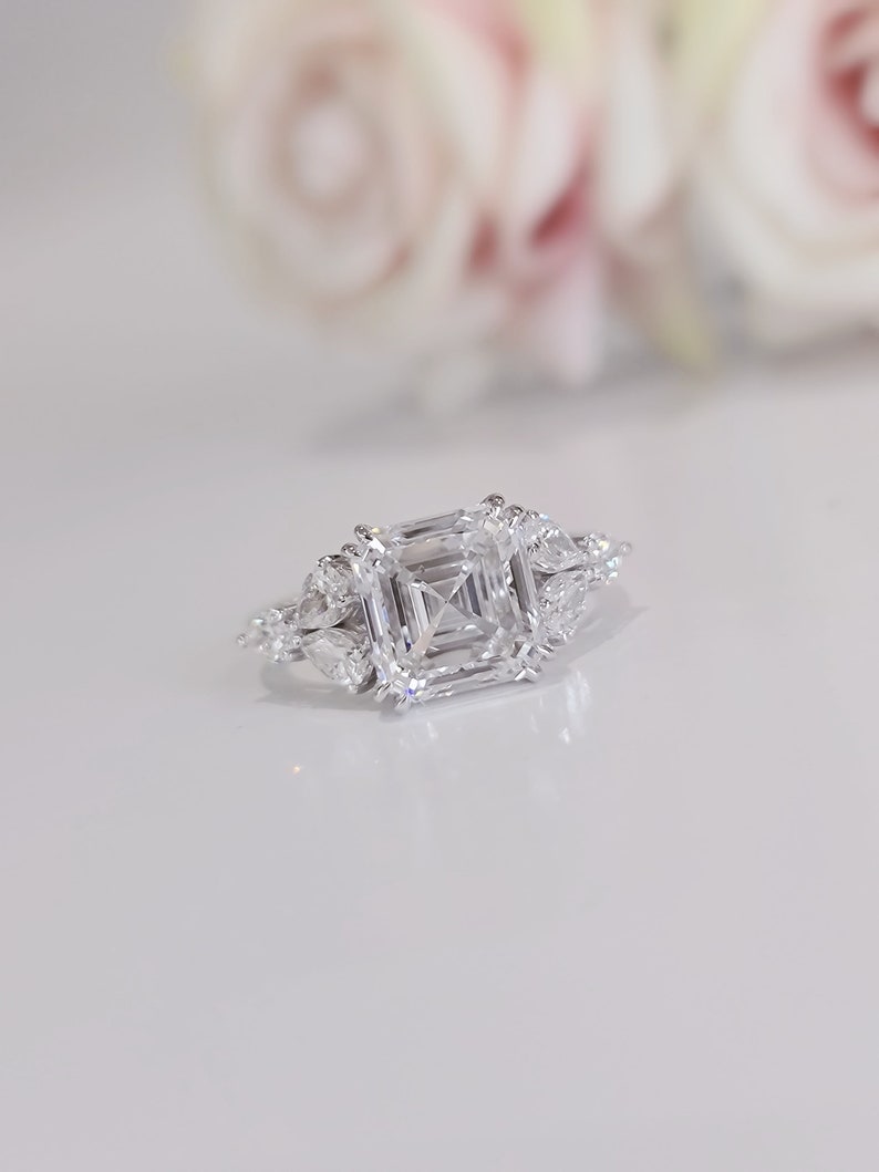 5 Carat Asscher Cut E/VVS2 IGI certified total 6 Carats Lab Grown Diamond Anniversary Ring 14K White Gold image 6