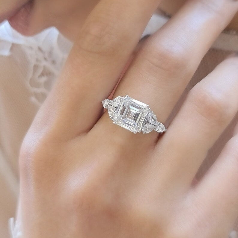 5 Carat Asscher Cut E/VVS2 IGI certified total 6 Carats Lab Grown Diamond Anniversary Ring 14K White Gold image 2
