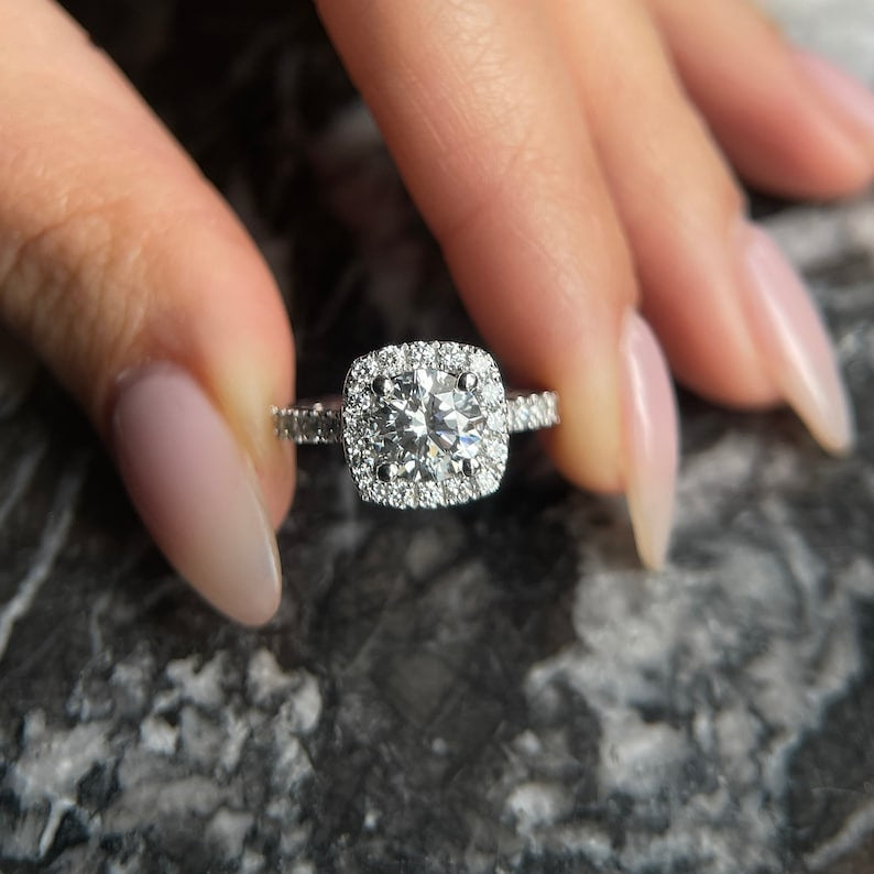 Round Cut 2 carat D Color VVS1 Clarity IGI Certified Lab Grown Diamond Halo Engagement Ring, Side Round Diamonds, 14k Gold image 1