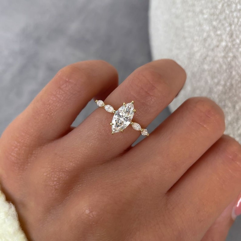 1.5 CT Marquise Cut Moissanite Engagement Rings, Vintage Marquise Engagement Ring, Marquise Promise Ring, Solitaire Marquise Wedding Rings. image 2