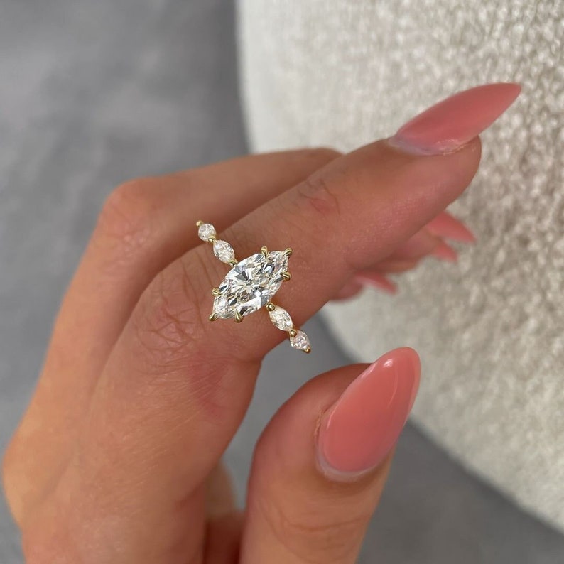 1.5 CT Marquise Cut Moissanite Engagement Rings, Vintage Marquise Engagement Ring, Marquise Promise Ring, Solitaire Marquise Wedding Rings. image 1