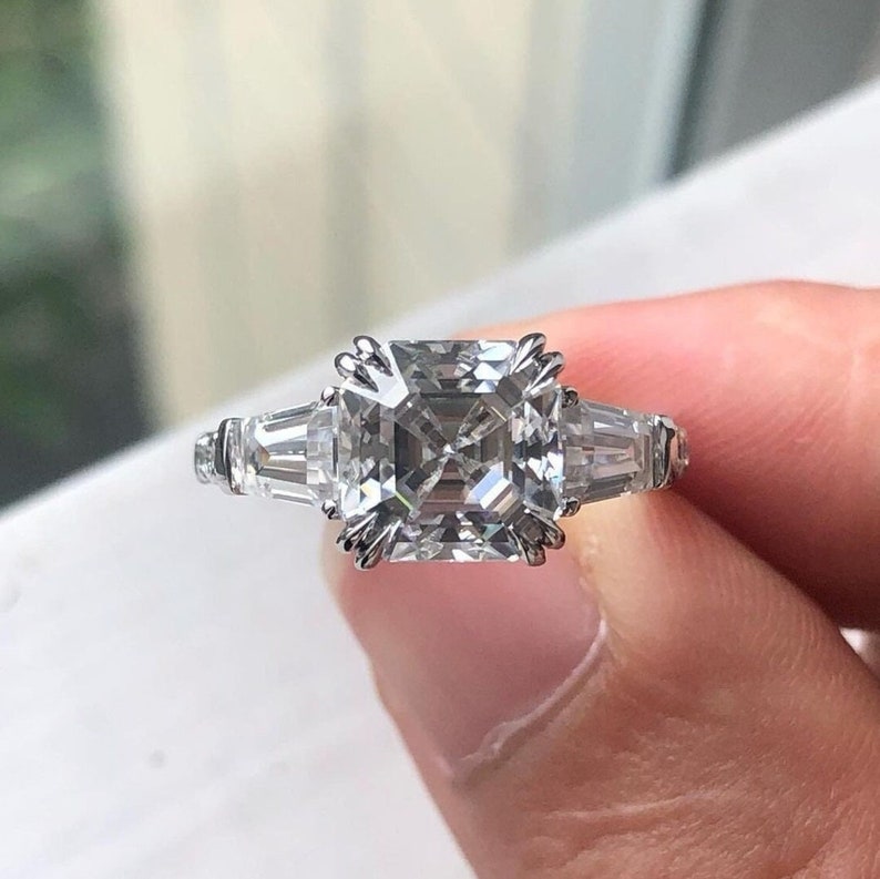 3 CT Asscher Cut Moissanite Engagement Ring, Asscher Three Stone Side Tapered Baguette Wedding Ring, 14K Solid Gold Trilogy Rings for Women image 9