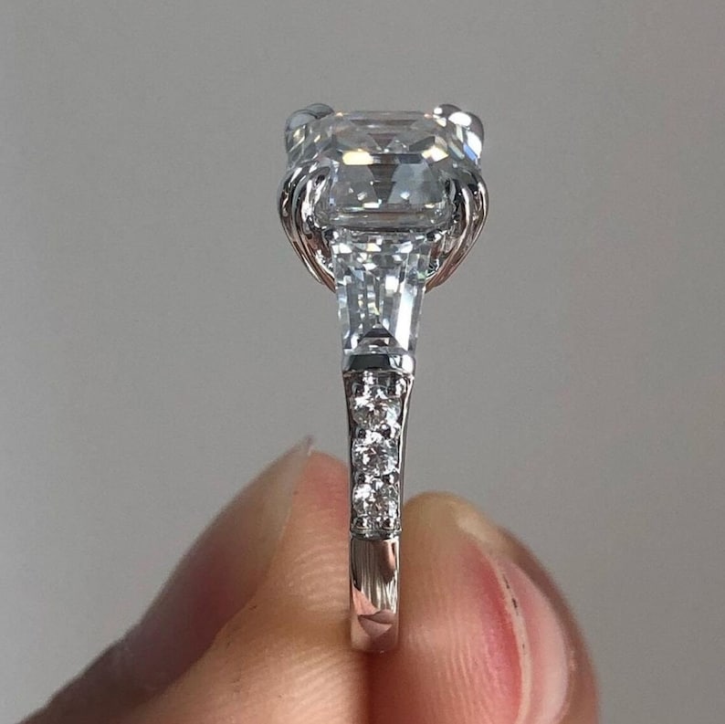 3 CT Asscher Cut Moissanite Engagement Ring, Asscher Three Stone Side Tapered Baguette Wedding Ring, 14K Solid Gold Trilogy Rings for Women image 8