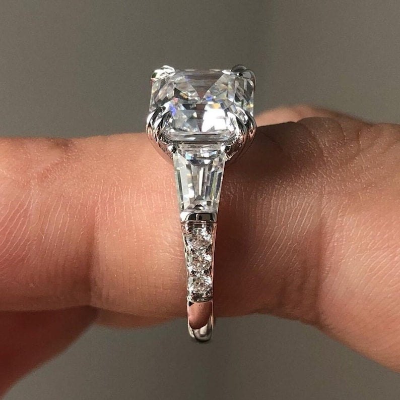 3 CT Asscher Cut Moissanite Engagement Ring, Asscher Three Stone Side Tapered Baguette Wedding Ring, 14K Solid Gold Trilogy Rings for Women image 7