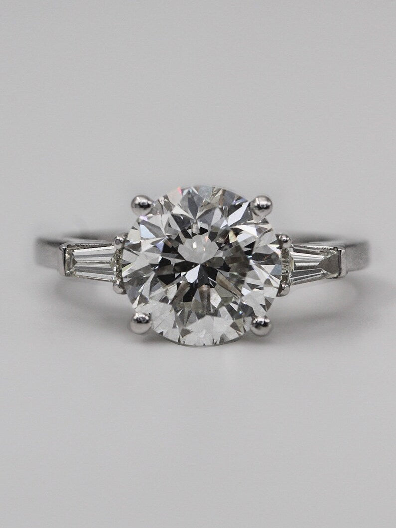 3.20 Carat Round Brilliant Lab Grown Diamond Engagement Ring, 14K White Gold, With Side Tapered Diamonds image 10