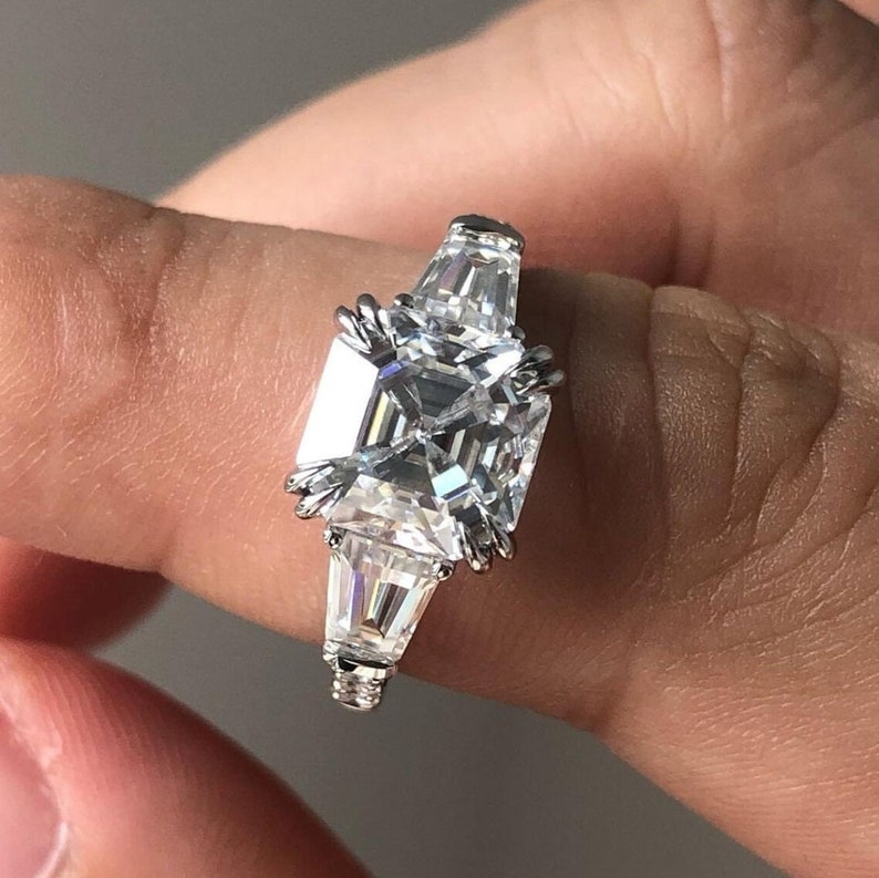 3 CT Asscher Cut Moissanite Engagement Ring, Asscher Three Stone Side Tapered Baguette Wedding Ring, 14K Solid Gold Trilogy Rings for Women image 5