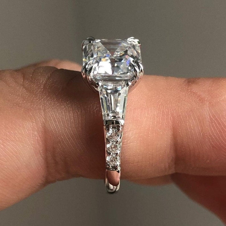 3 CT Asscher Cut Moissanite Engagement Ring, Asscher Three Stone Side Tapered Baguette Wedding Ring, 14K Solid Gold Trilogy Rings for Women image 6