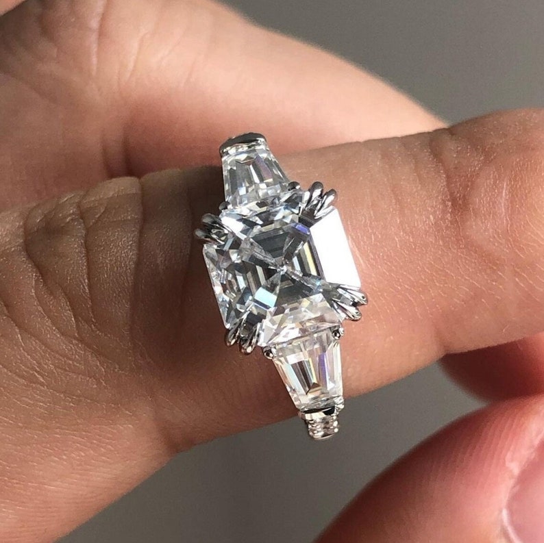 3 CT Asscher Cut Moissanite Engagement Ring, Asscher Three Stone Side Tapered Baguette Wedding Ring, 14K Solid Gold Trilogy Rings for Women image 4