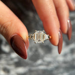 Load image into Gallery viewer, Emerald Cut 2.5 carat IGI Certified D Color VVS2 Clarity Lab Grown Diamond Three Stone Engagement Ring, Side Trapezoids, Handmade Solid Gold image 2