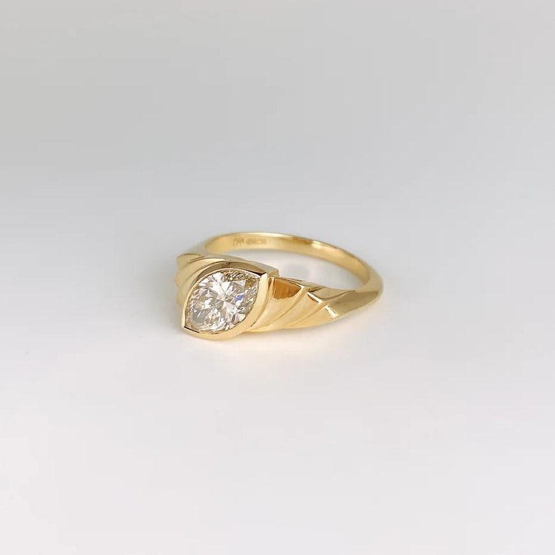 Art Deco Marquise Moissanite Engagement Ring: 14k Yellow Gold Bezel image 2