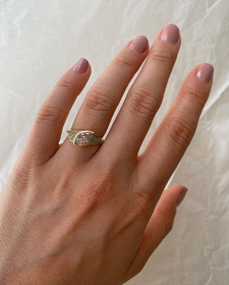 Art Deco Marquise Moissanite Engagement Ring: 14k Yellow Gold Bezel image 6