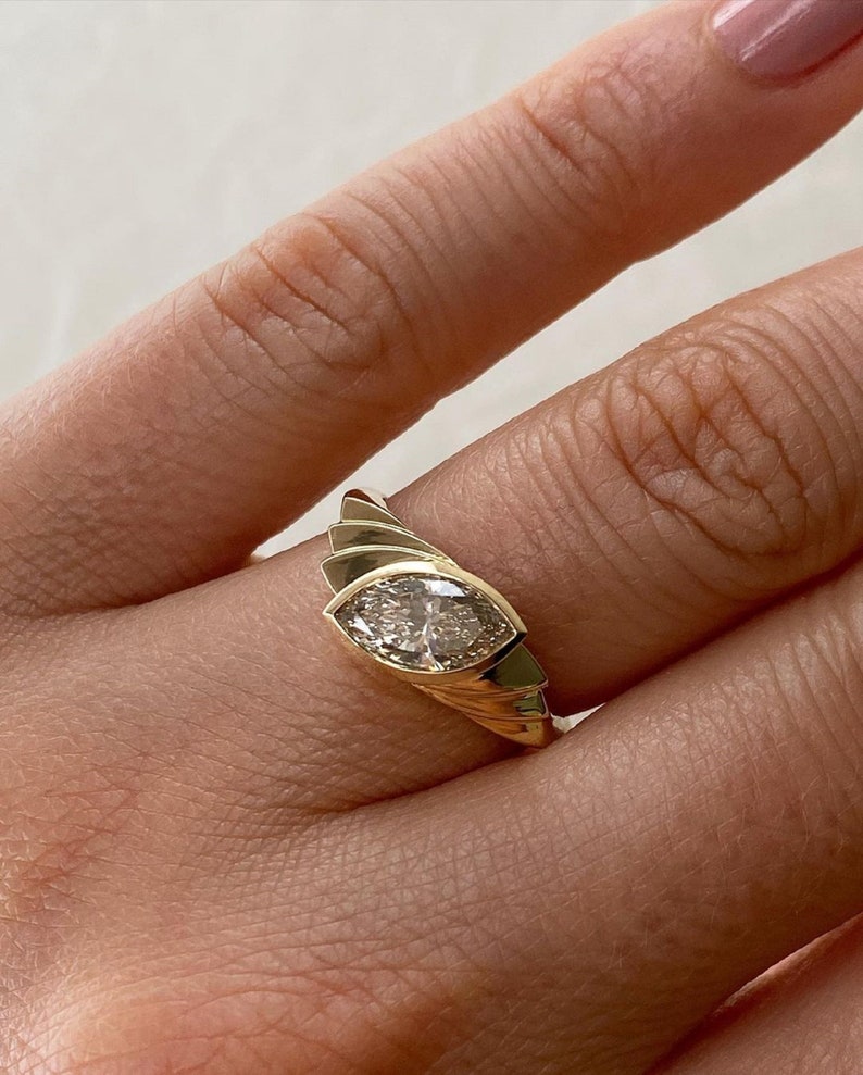 Art Deco Marquise Moissanite Engagement Ring: 14k Yellow Gold Bezel image 3