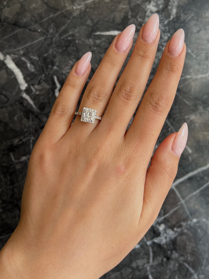 D Color VVS1 Clarity Princess Cut 1.30 carat IGI Certified Lab Grown Diamond Halo Engagement Ring, Round Side Diamonds Handmade of 14k Gold image 4