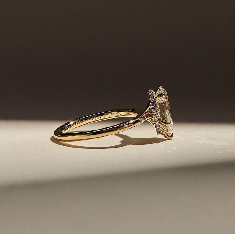 3ct Pear Shape Engagement Solitaire Moissanite Ring in 10k/14k/18k Solid Yellow Gold Plain Band, Hidden Halo Diamond Wedding Rings for Women image 3