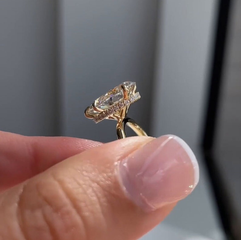 3ct Pear Shape Engagement Solitaire Moissanite Ring in 10k/14k/18k Solid Yellow Gold Plain Band, Hidden Halo Diamond Wedding Rings for Women image 8