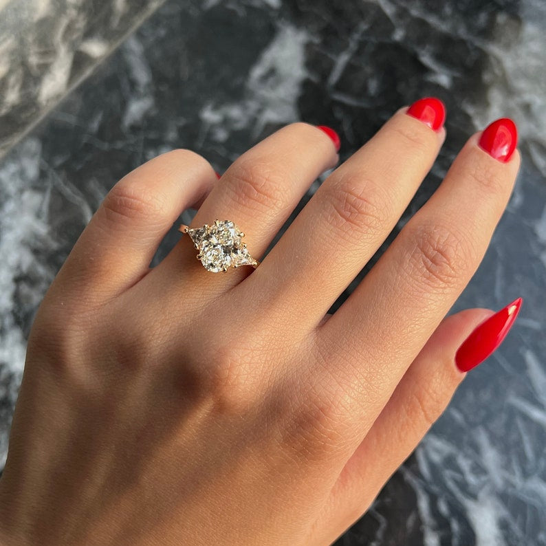 Oval 3.5 carat IGI Certified D Color VVS2 Clarity Lab Grown Diamond Three Stone Engagement Ring, Side Trillion Cut Diamonds 14k Yellow Gold image 2