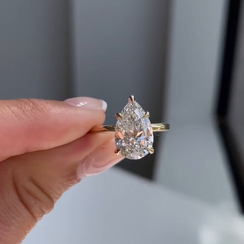 3ct Pear Shape Engagement Solitaire Moissanite Ring in 10k/14k/18k Solid Yellow Gold Plain Band, Hidden Halo Diamond Wedding Rings for Women image 9