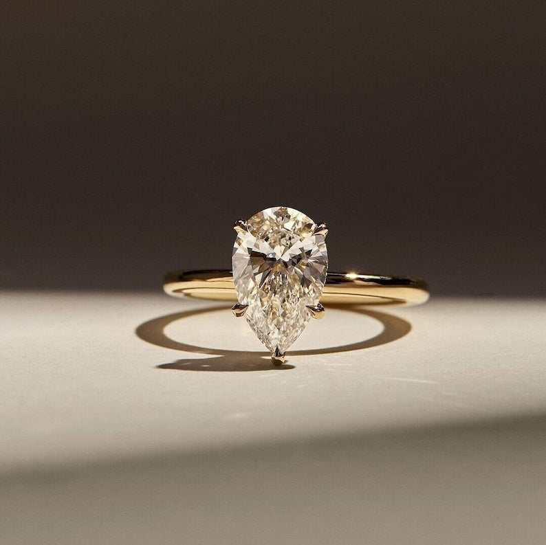 3ct Pear Shape Engagement Solitaire Moissanite Ring in 10k/14k/18k Solid Yellow Gold Plain Band, Hidden Halo Diamond Wedding Rings for Women image 1