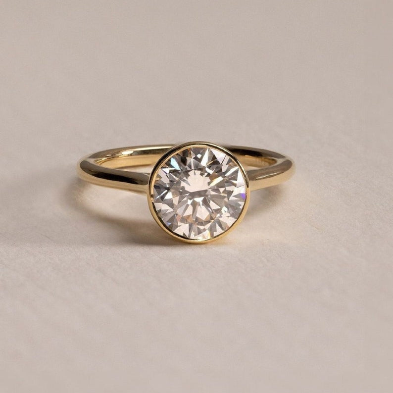 Minimalist 2.5 CT Round Cut Bezel Set Ring, Brilliant Round Cut Solitaire, 14k Solid Yellow Gold, Statement Ring, Gift For Bride, In Fashion image 1