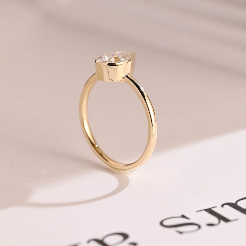 Solid Gold Pear Moissanite Engagement Ring with Bezel, Dainty Ring, RS-233 image 5