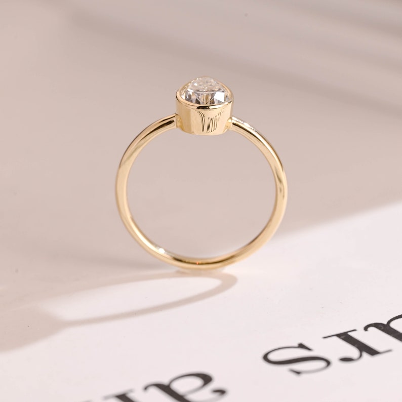 Solid Gold Pear Moissanite Engagement Ring with Bezel, Dainty Ring, RS-233 image 7