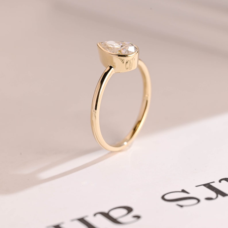 Solid Gold Pear Moissanite Engagement Ring with Bezel, Dainty Ring, RS-233 image 6