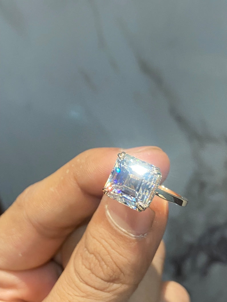 4.5CT Asscher Cut Moissanite Ring: Hidden Halo, Solid Gold or Silver image 3