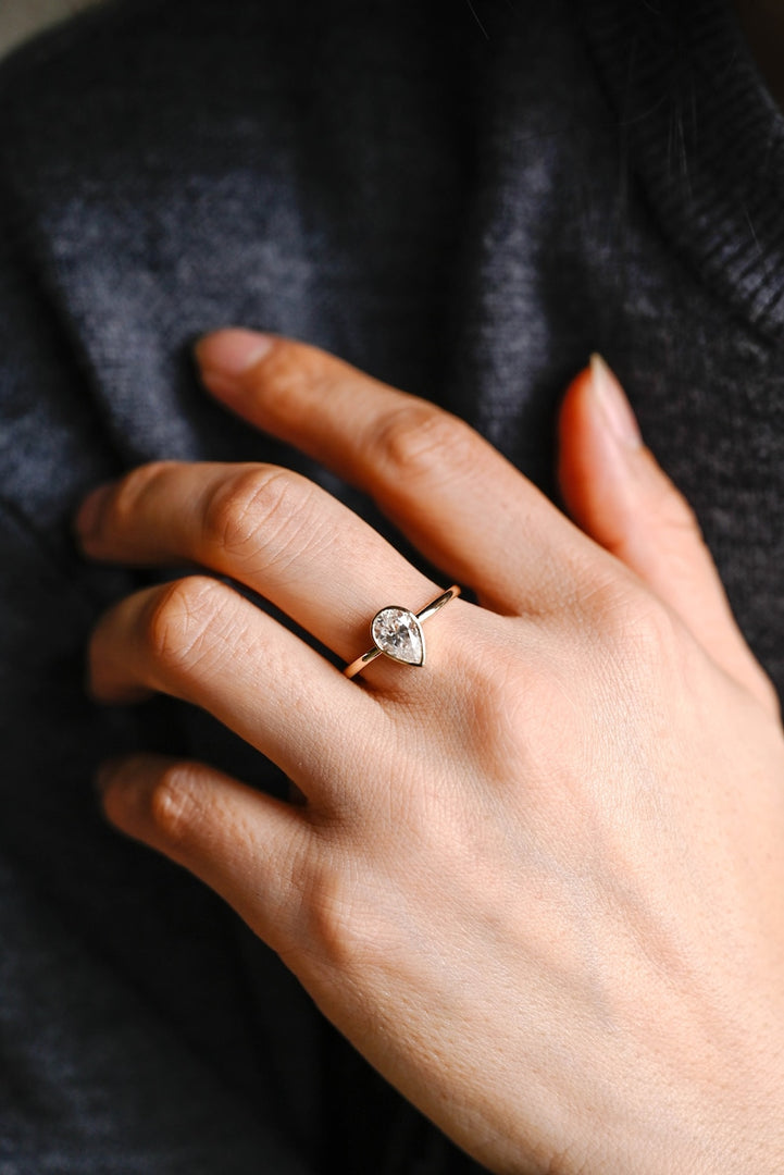 Solid Gold Pear Moissanite Engagement Ring with Bezel, Dainty Ring, RS-233 image 4