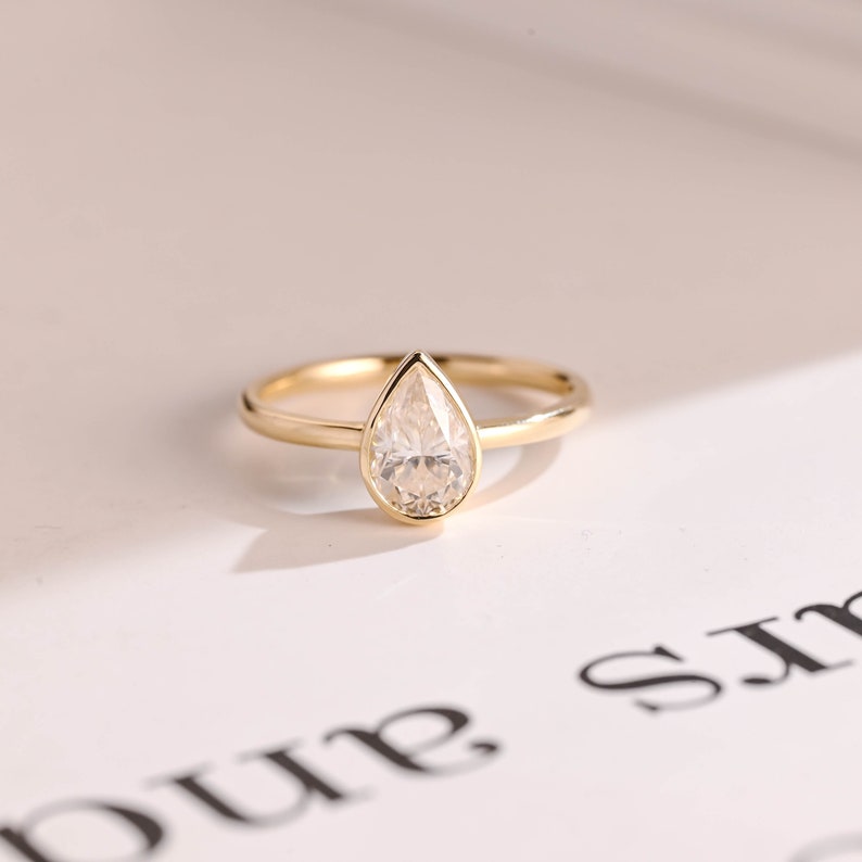 Solid Gold Pear Moissanite Engagement Ring with Bezel, Dainty Ring, RS-233 image 1