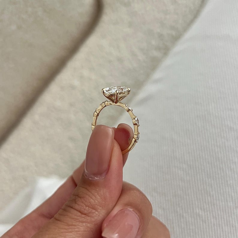 2 Carat Oval Lab Diamond E VVS2 Thin Engagement Ring / Minimalist Marquise Band Engagement Ring in 14k Yellow Gold / Dainty 2ct Oval Ring image 3