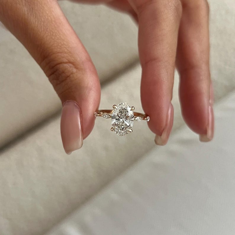2 Carat Oval Lab Diamond E VVS2 Thin Engagement Ring / Minimalist Marquise Band Engagement Ring in 14k Yellow Gold / Dainty 2ct Oval Ring image 4