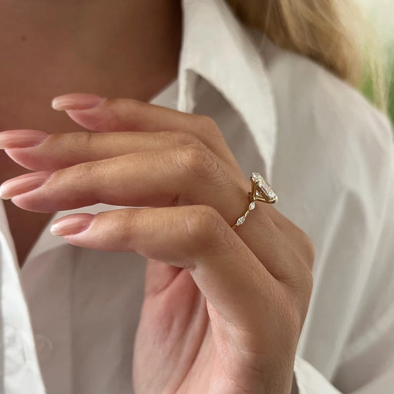 2 Carat Oval Lab Diamond E VVS2 Thin Engagement Ring / Minimalist Marquise Band Engagement Ring in 14k Yellow Gold / Dainty 2ct Oval Ring image 5