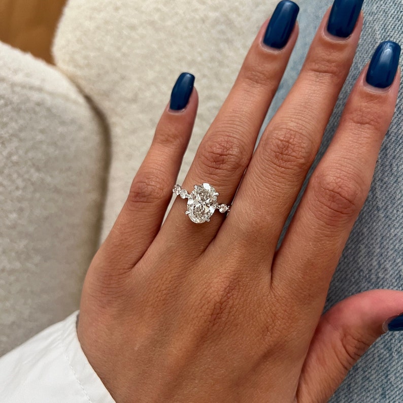 3 Carat Oval Lab Grown Diamond Hidden Halo Ring / Shared Prongs Diamond Engagement Ring / White Gold Luxury Engagement Ring White Gold image 3