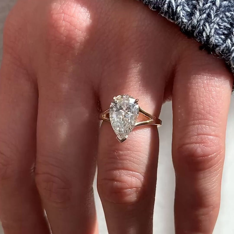 Large 3 carat Pear Shaped Moissanite Engagement Ring, 14k Gold Pear Cut Split Shank Engagement Wedding Ring Tear Drop Solitaire Diamond Ring image 2